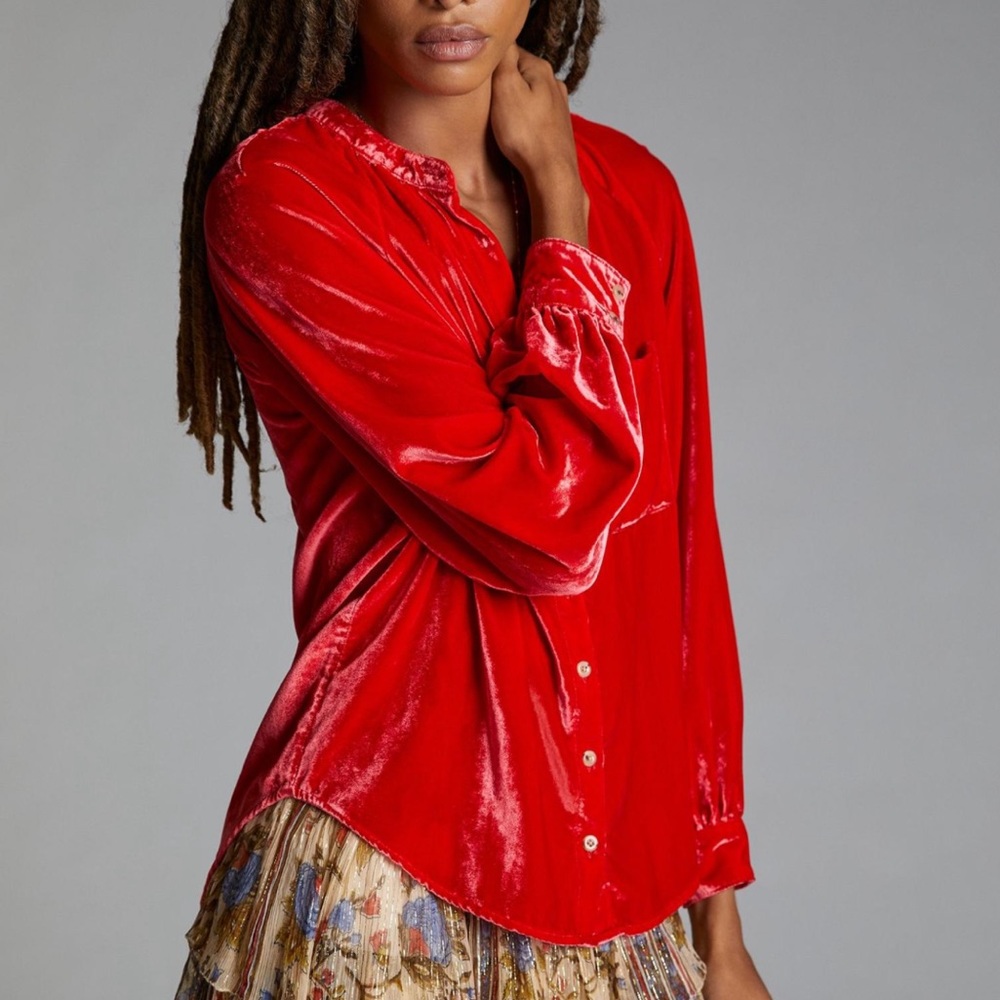 PILCRO PUFF-SLEEVED VELVET BUTTONDOWN